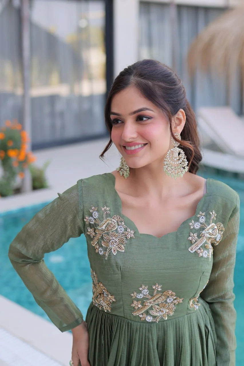 designer gown for women sage green yoke bead work closeup