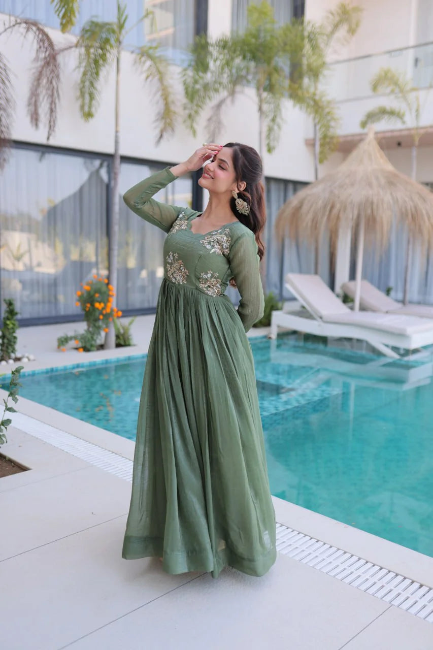 sage green designer gown for women flared party wear