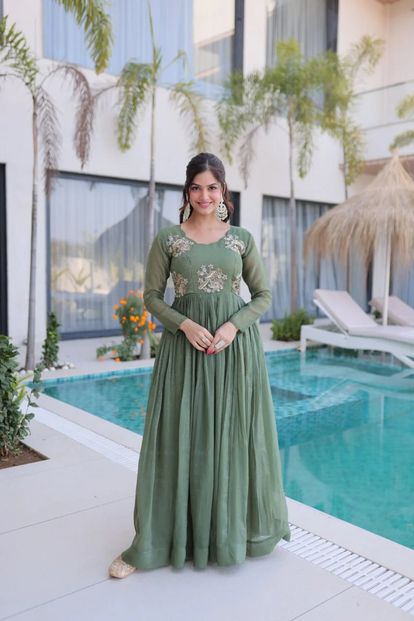designer gown for women sage green bead work front view