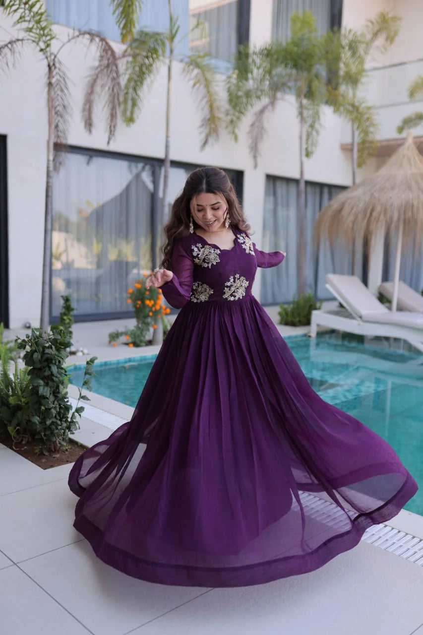 designer gown for women wine purple flared full view