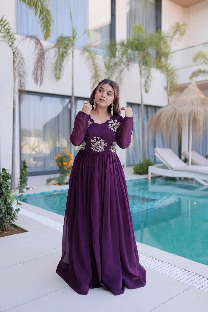 wine purple party wear designer gown for women flared