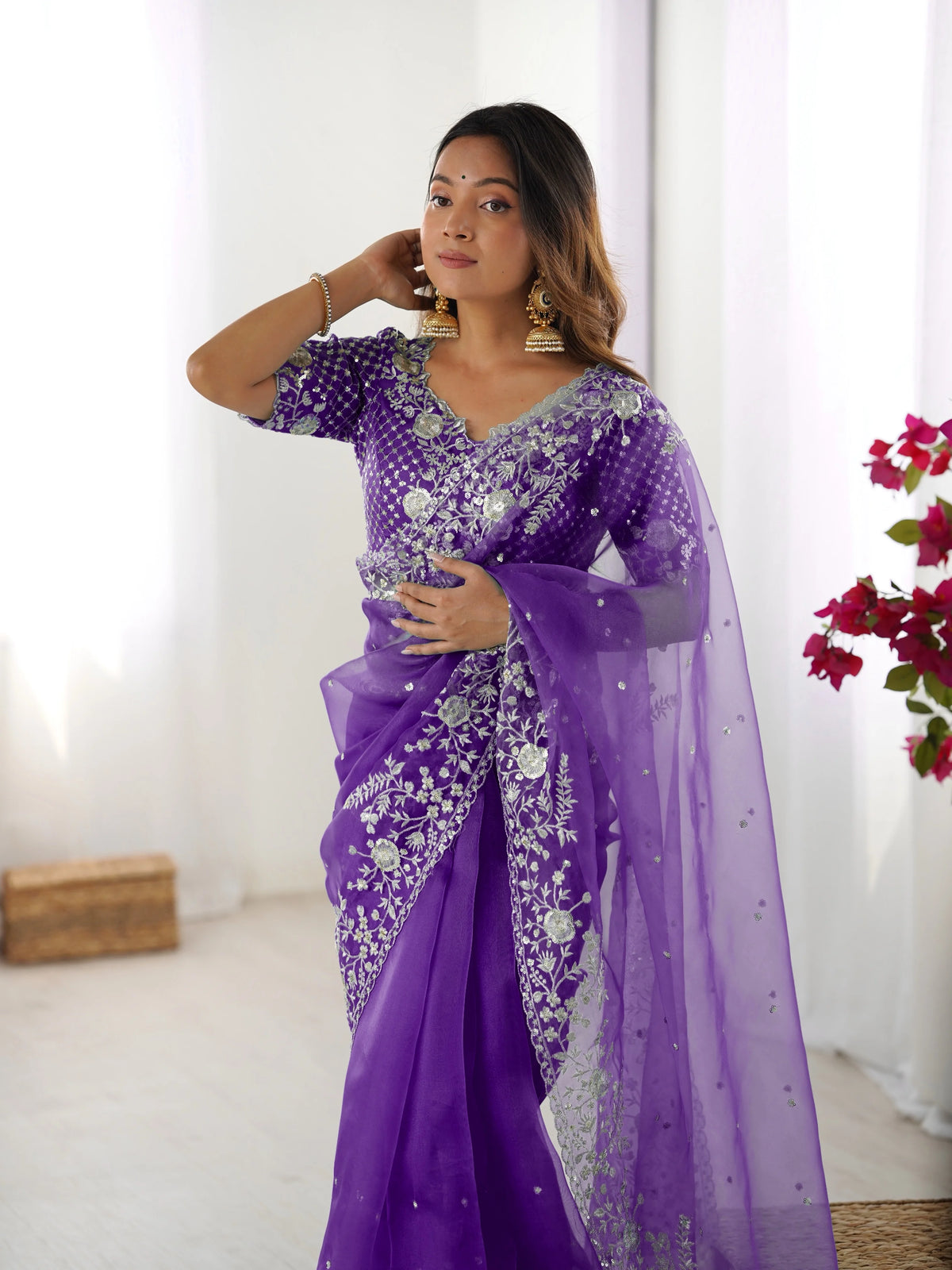 Purple embroidered organza silk saree back view