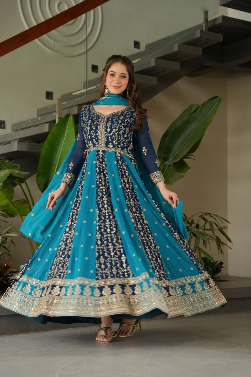 Faux blooming navy teal anarkali gown back view with sky teal dupatta