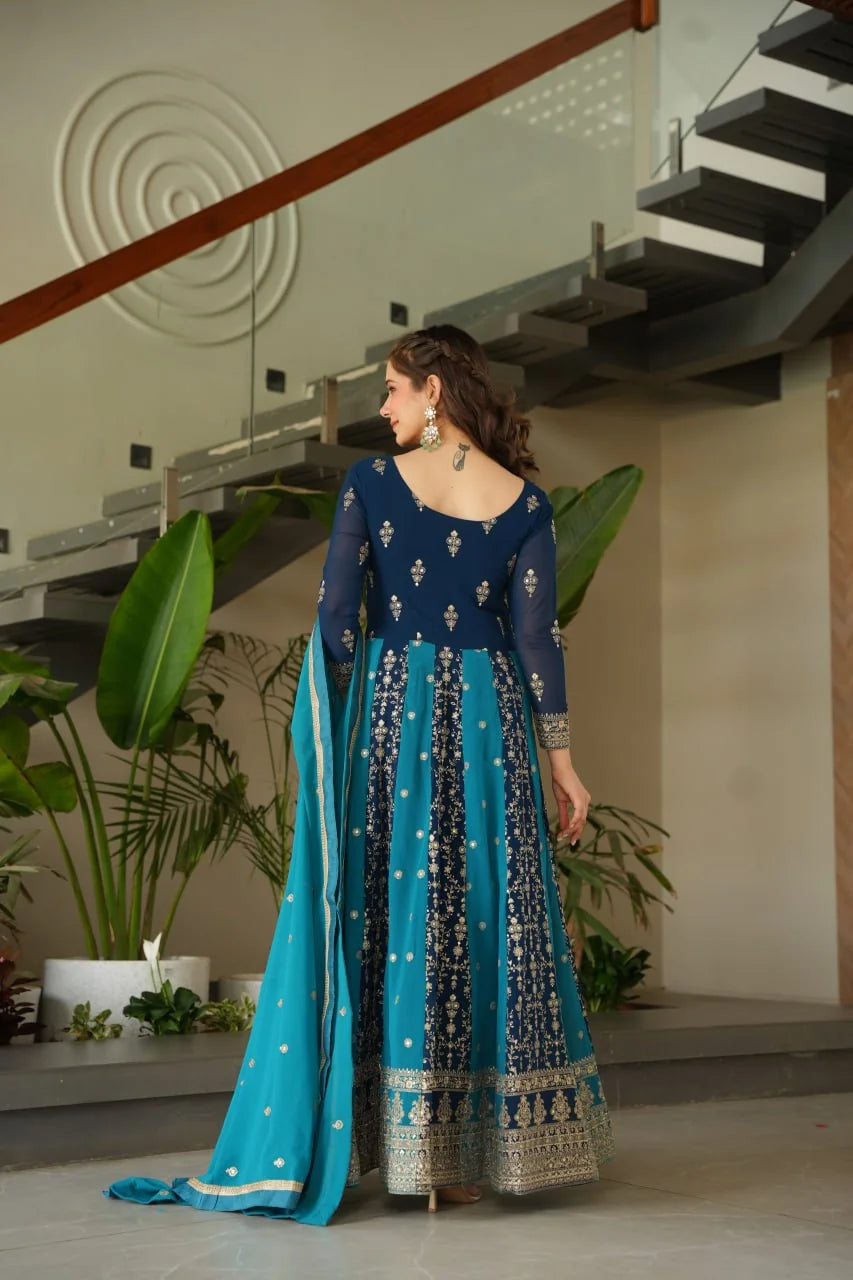 Navy blue anarkali gown with teal dupatta drape full length Chicora Wear
