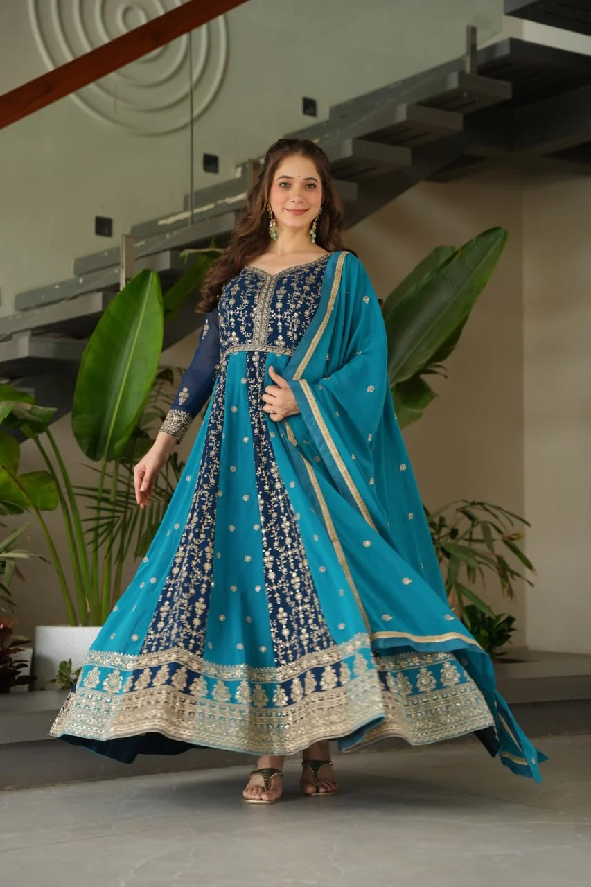 Navy teal zari sequin anarkali gown full flair swirl kali pattern
