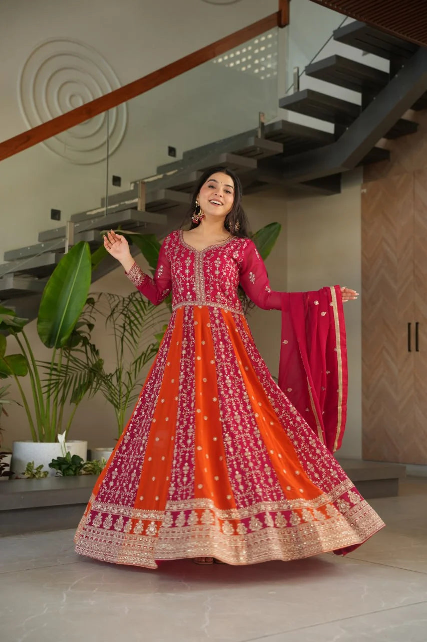 Faux blooming anarkali gown navy blue teal kali flair twirl Chicora Wear