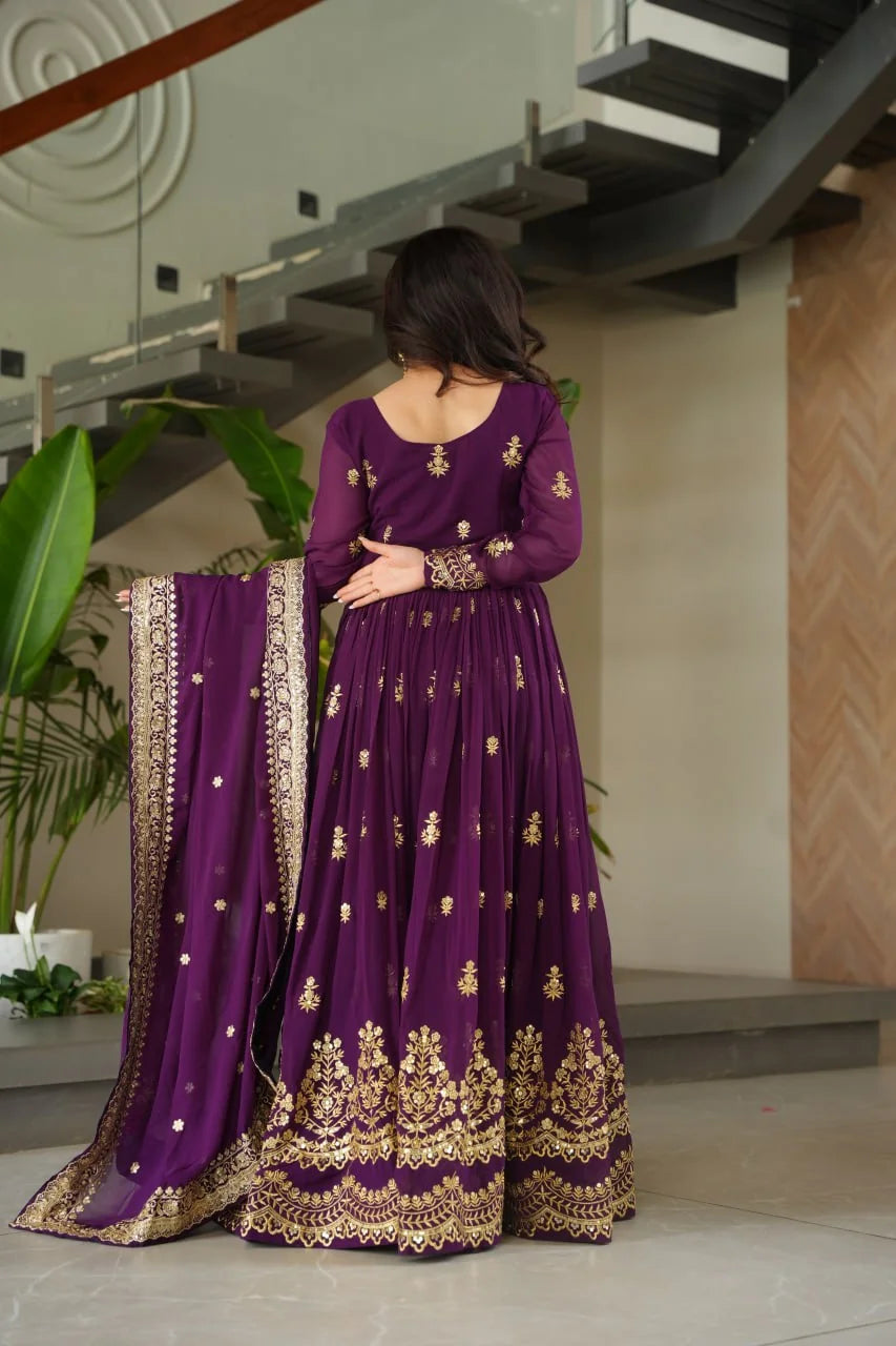 purple anarkali gown back view with matching embroidered dupatta