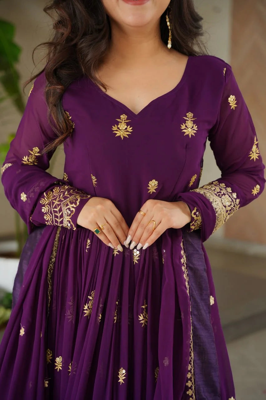 faux blooming anarkali gown purple front view gold zari sequin embroidery
