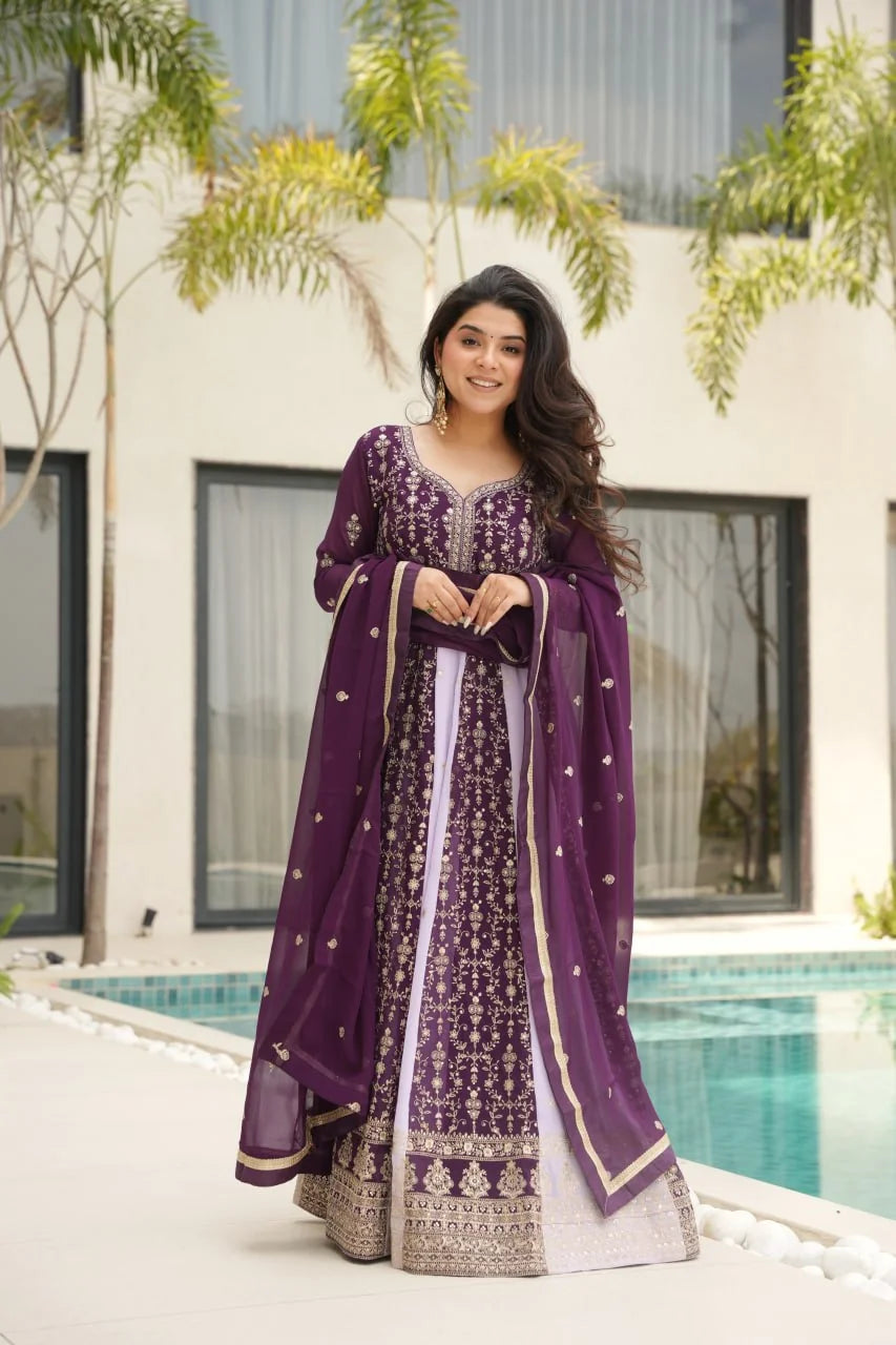 Purple lavender faux blooming anarkali gown with dupatta front view