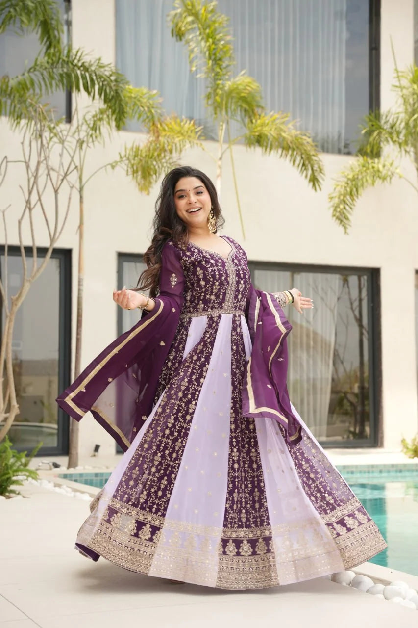 Purple lavender zari sequin anarkali gown with dupatta full kali flair