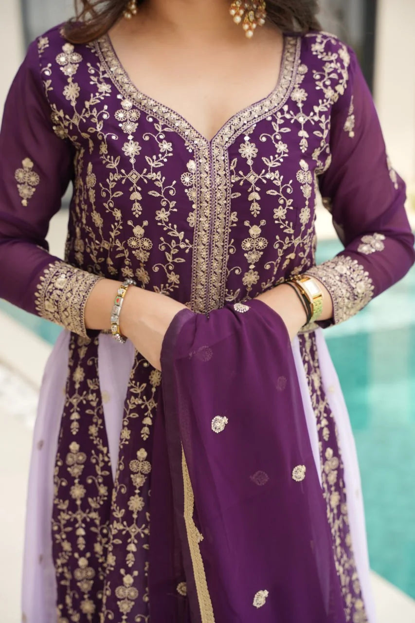 Dark purple lavender faux blooming anarkali gown with dupatta yoke closeup