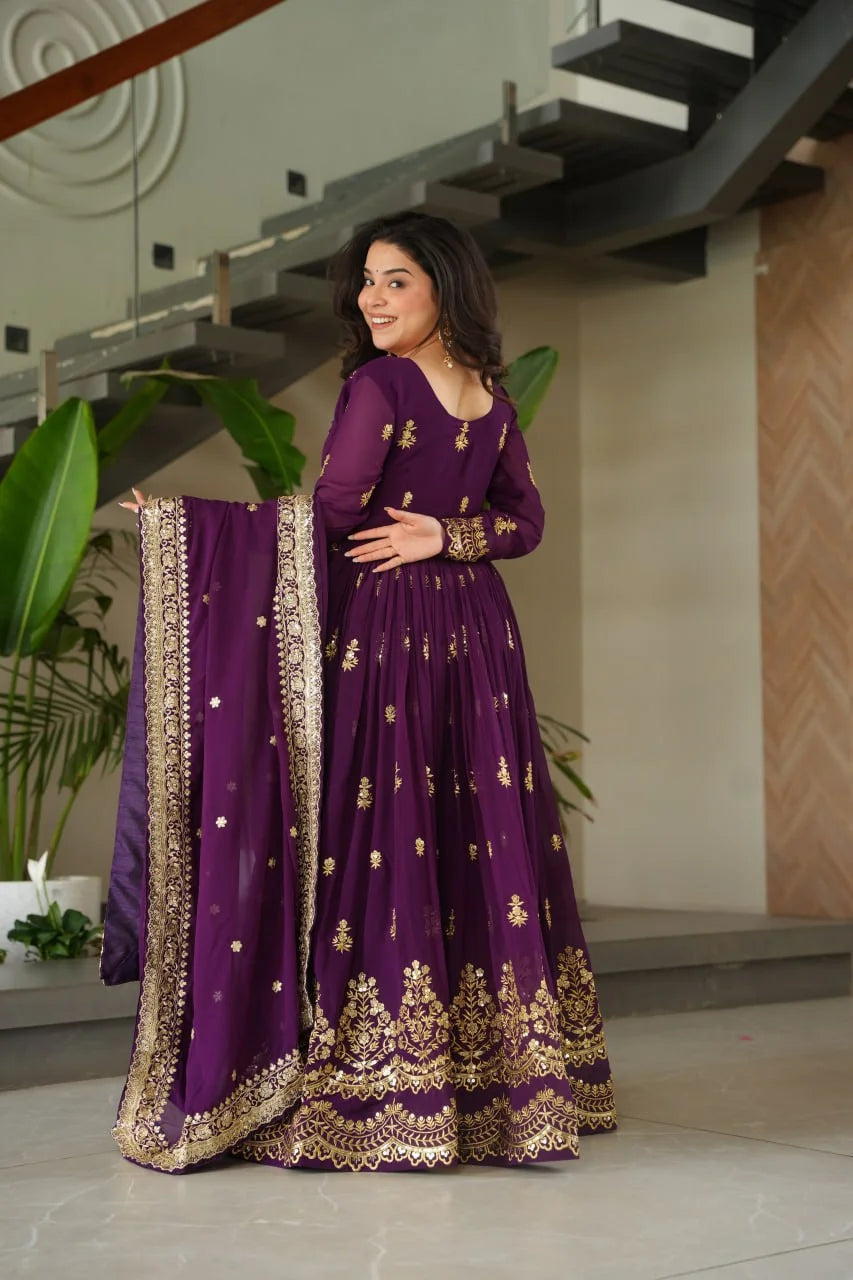 faux blooming anarkali gown purple side pose kali flair dupatta