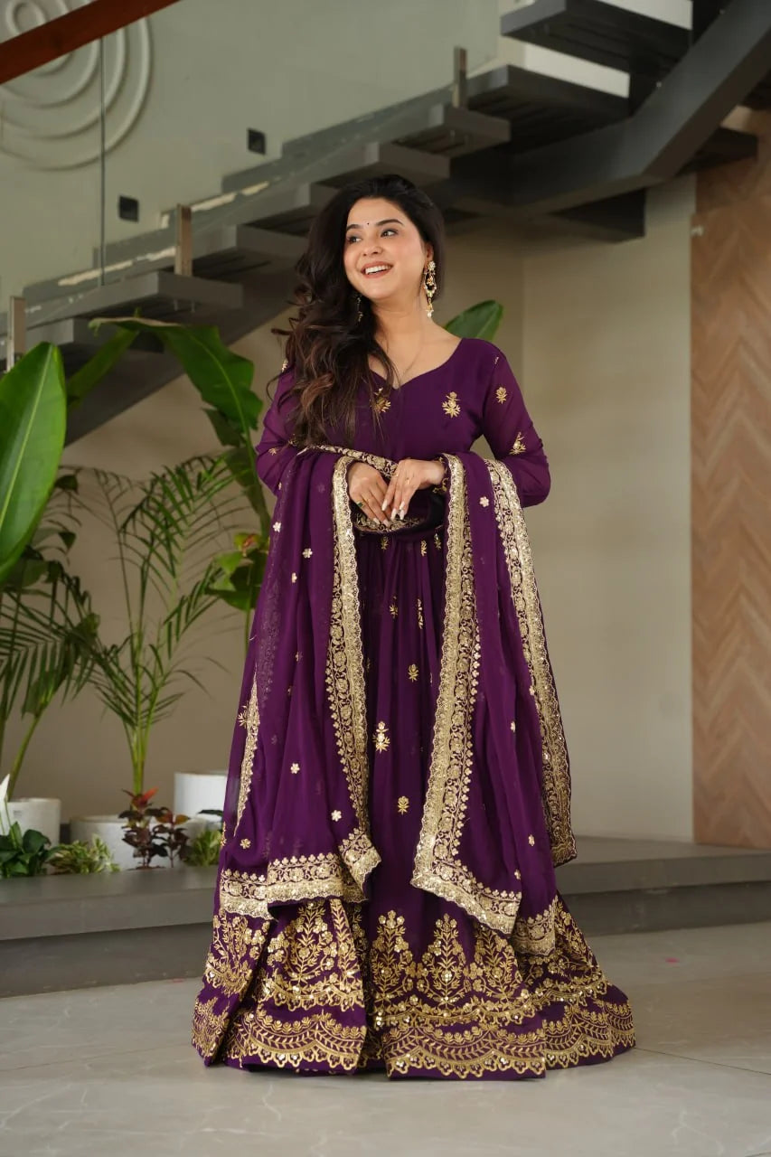 faux blooming anarkali gown purple festive standing pose