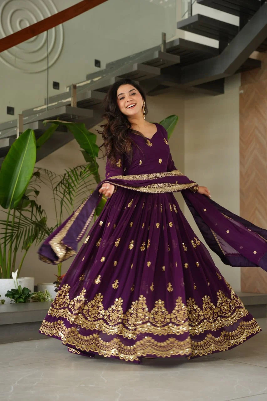 purple anarkali gown twirl 3 metre flair zari sequin embroidery