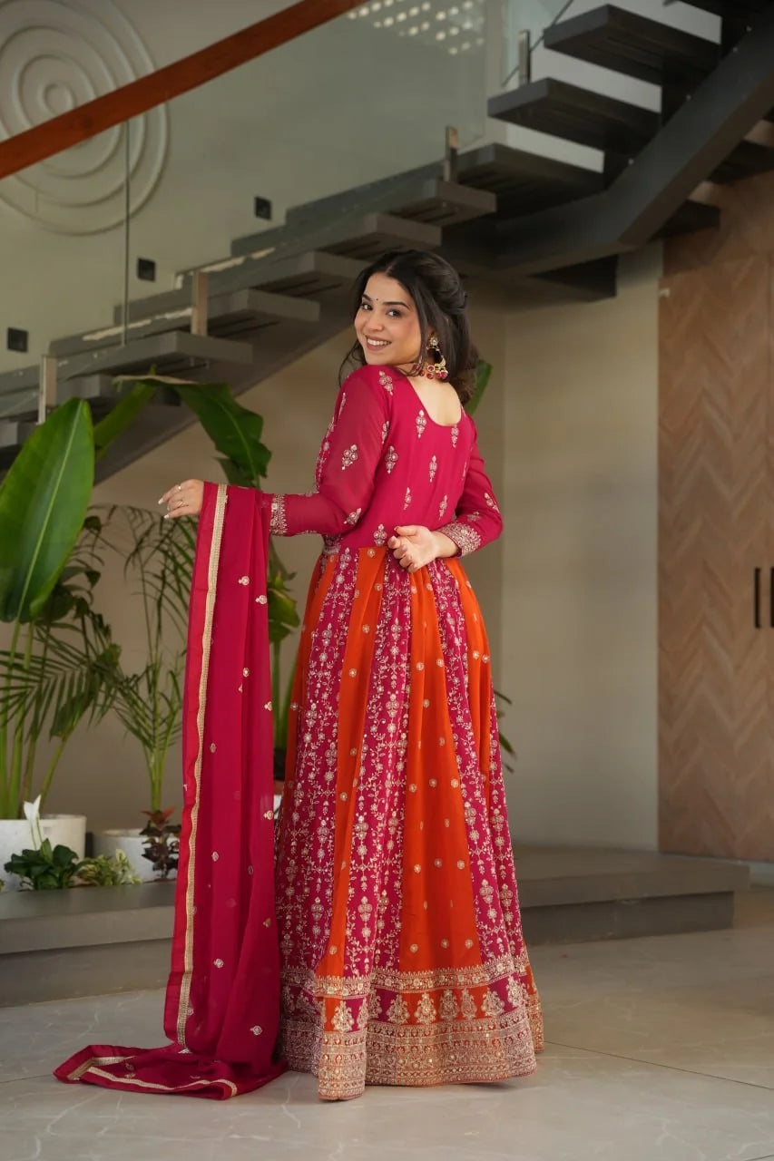 Rani pink orange faux blooming anarkali gown with dupatta back view