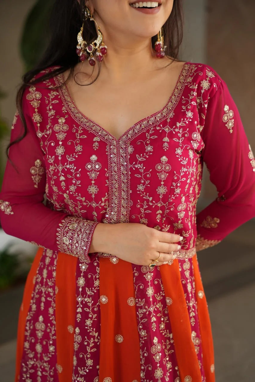 Faux blooming anarkali gown with dupatta rani pink orange full length swirl