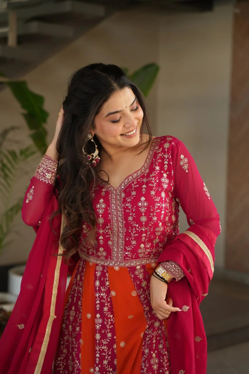 Faux blooming anarkali gown with dupatta rani pink orange kali pattern yoke closeup