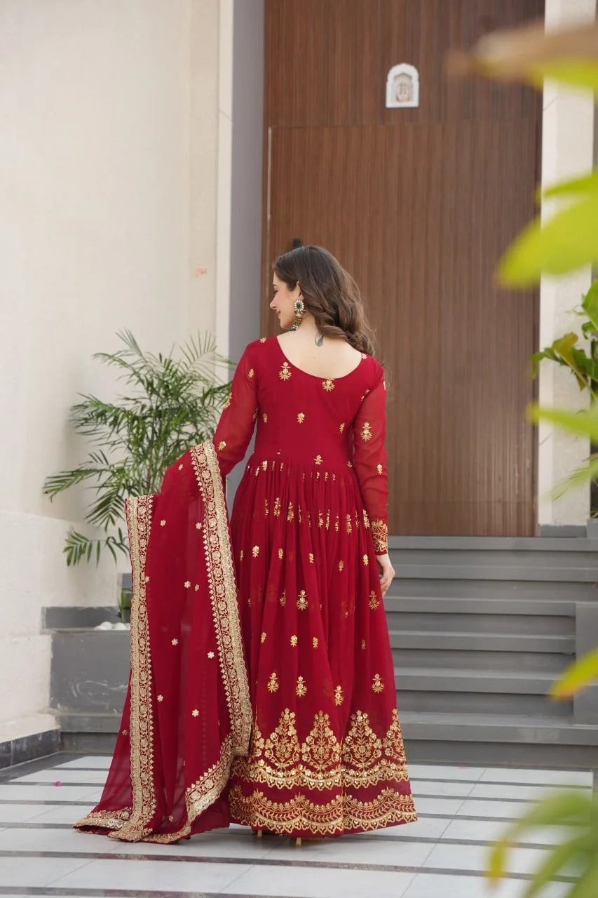 red anarkali gown back view embroidered dupatta matching set