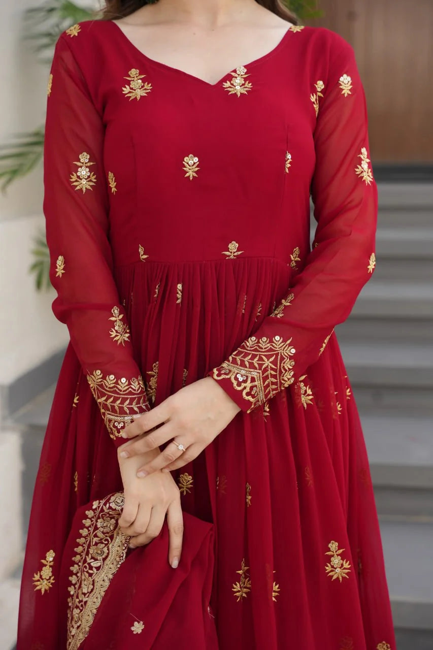 red anarkali gown zari embroidered cuff sleeve detail close-up