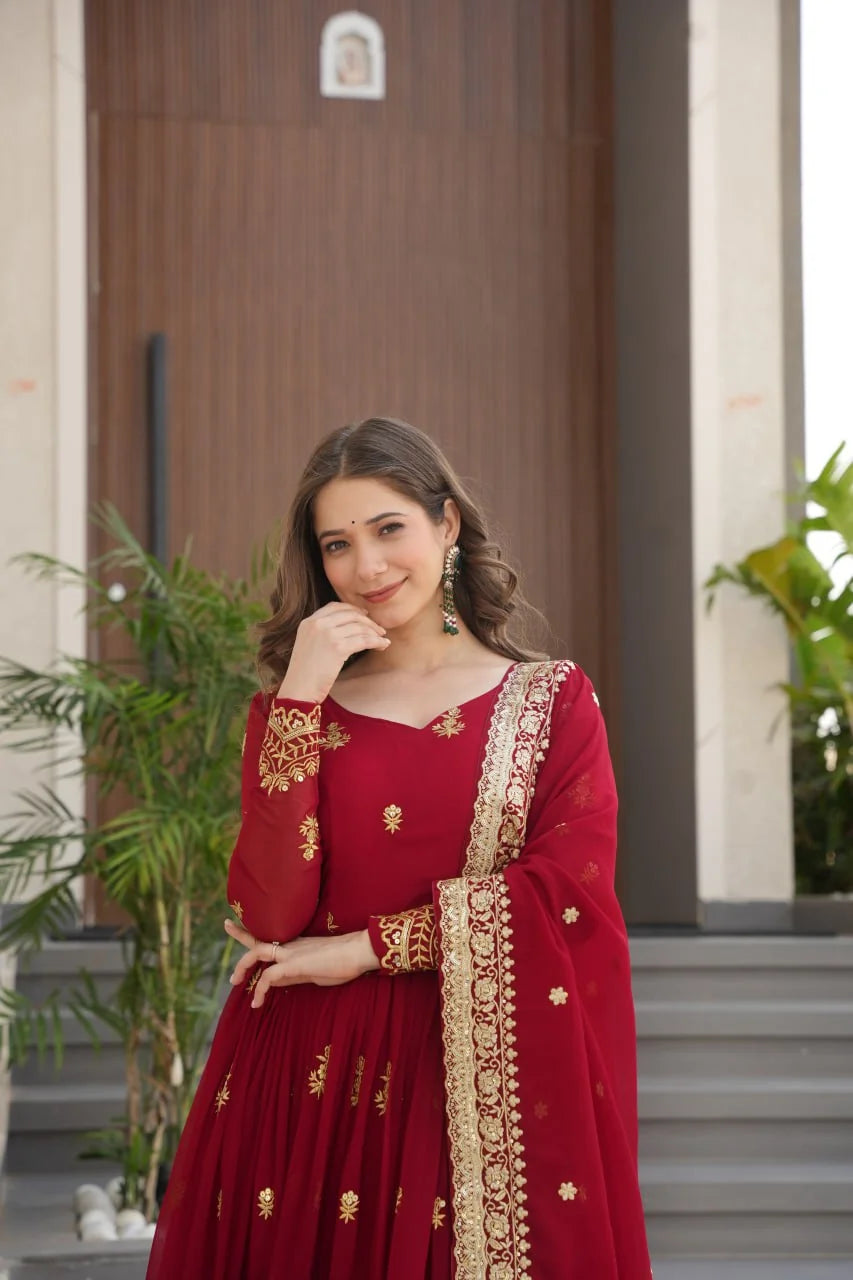 faux blooming anarkali gown red front view gold zari sequin embroidery