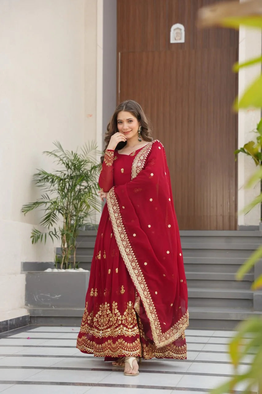 faux blooming anarkali gown red full length festive wedding