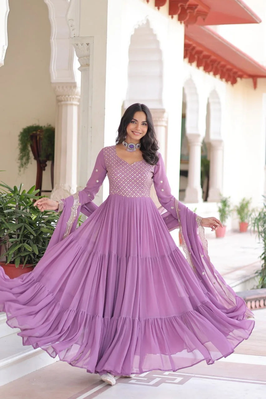 Faux georgette anarkali gown onion colour 12-metre flair twirl