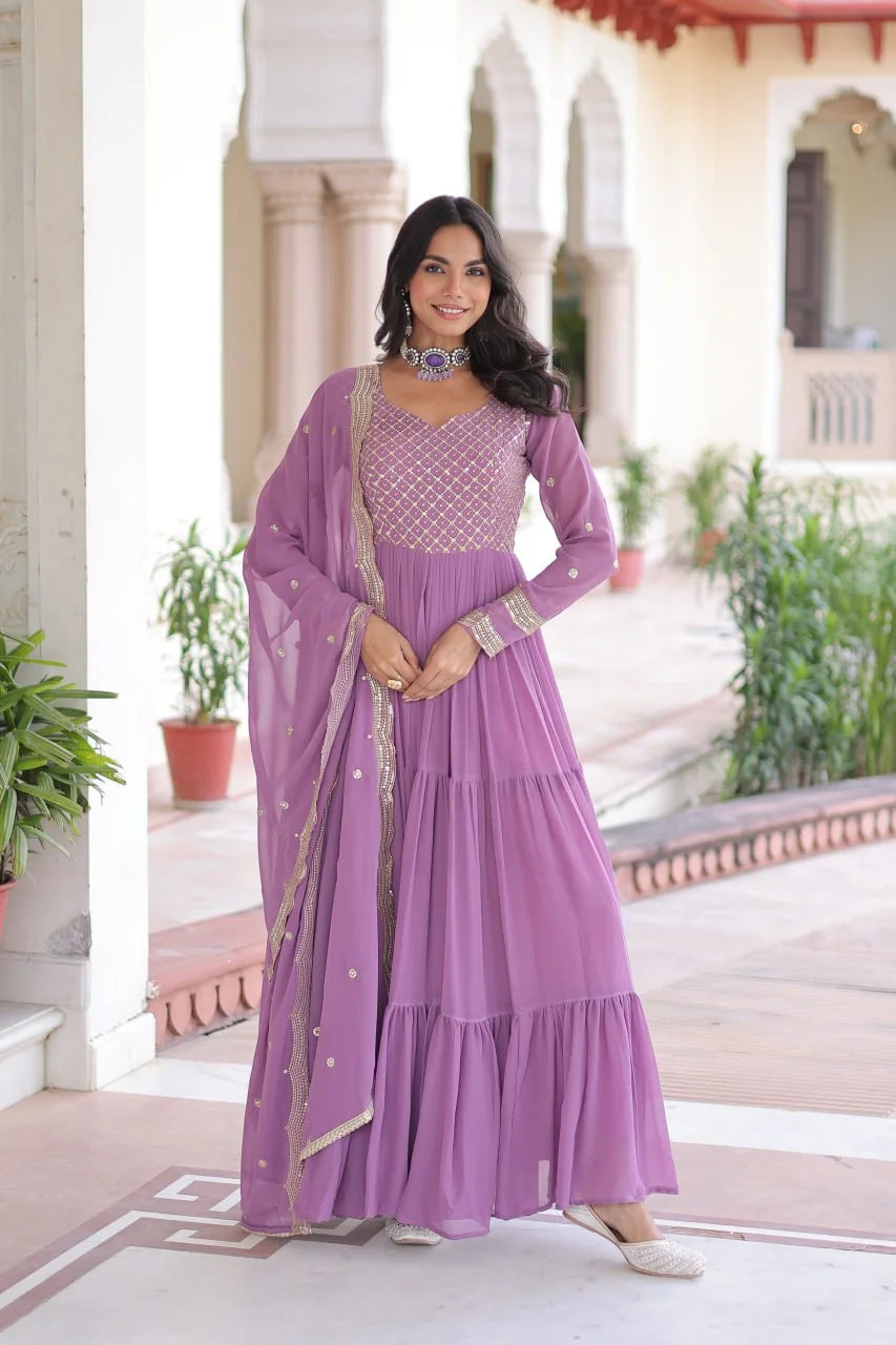 Faux georgette anarkali gown with dupatta onion colour full length front