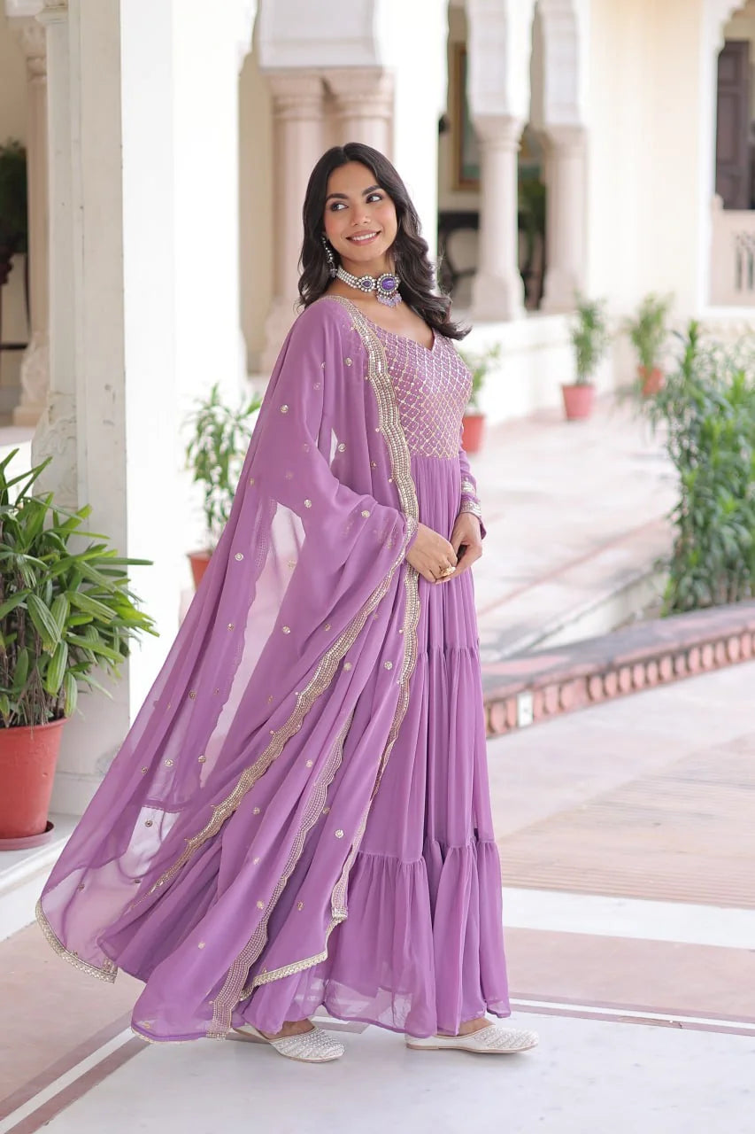 Onion faux georgette anarkali gown with dupatta side view Chicorawear
