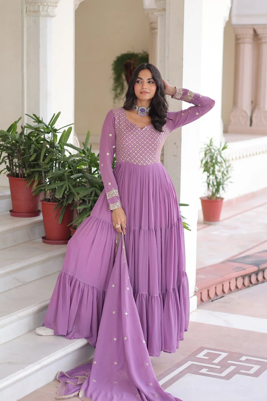 Onion georgette anarkali gown with dupatta festive stairs pose