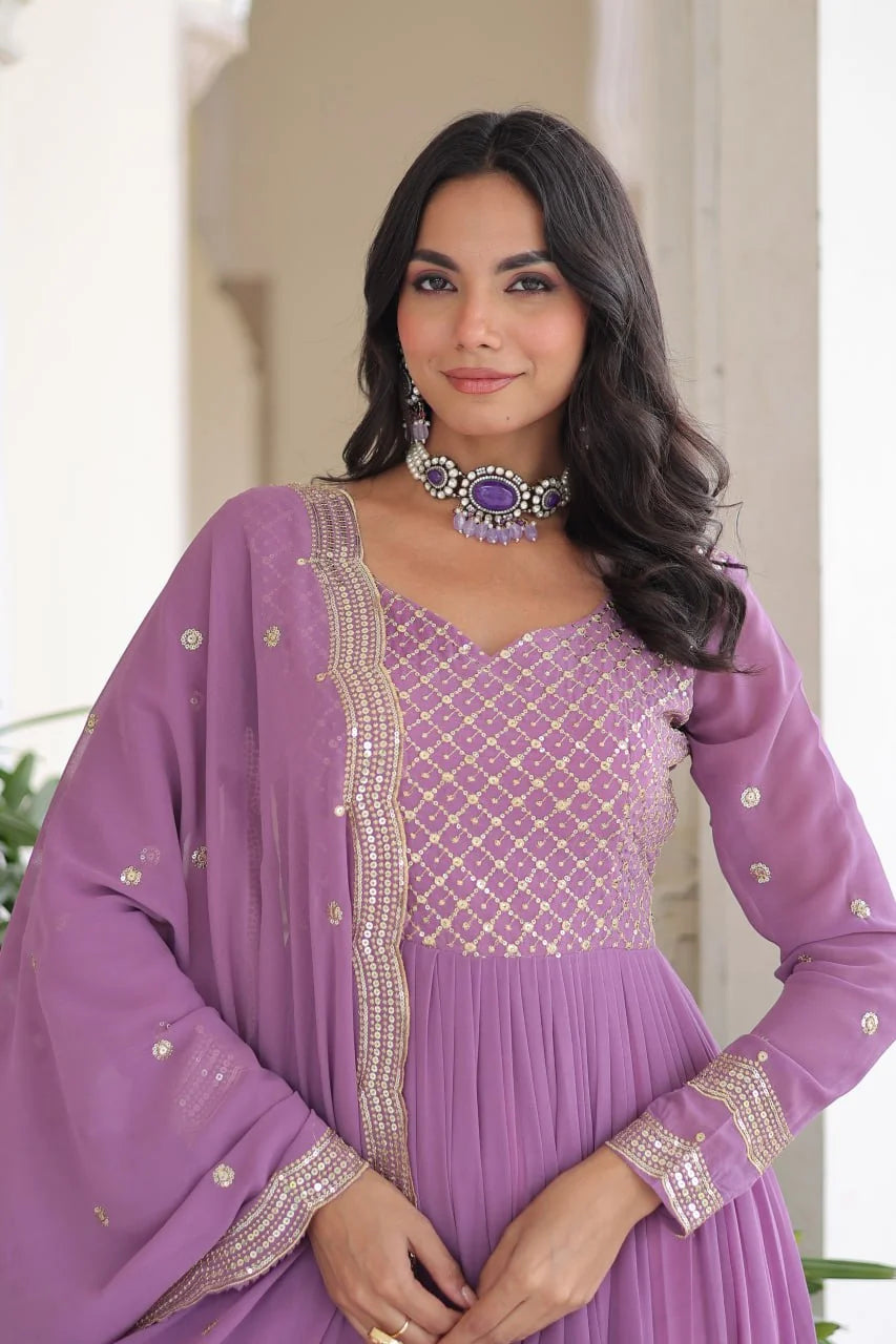 Faux georgette anarkali gown sequin zari lattice yoke embroidery close-up