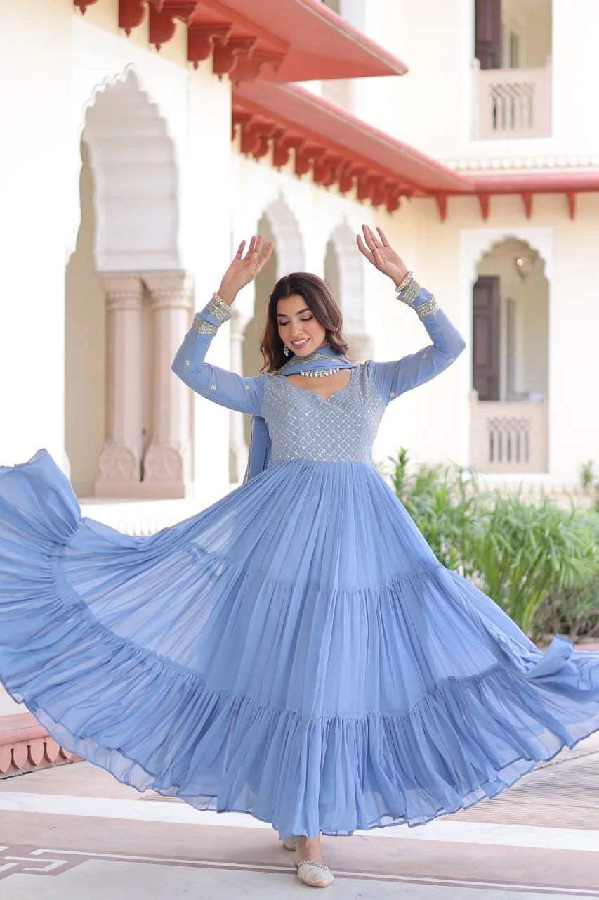 Faux georgette anarkali gown sky blue sequin zari yoke full view