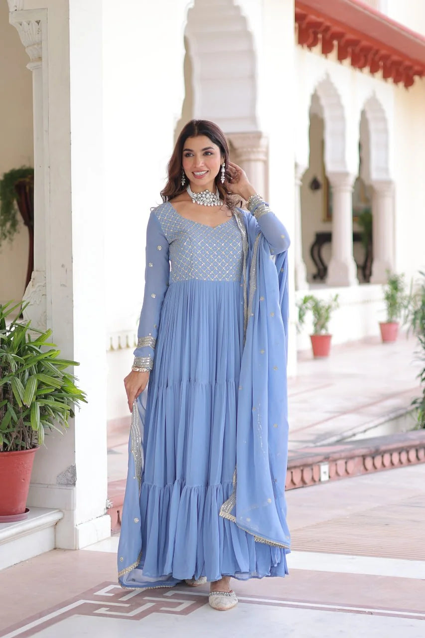 Faux georgette anarkali gown with dupatta sky colour full length front