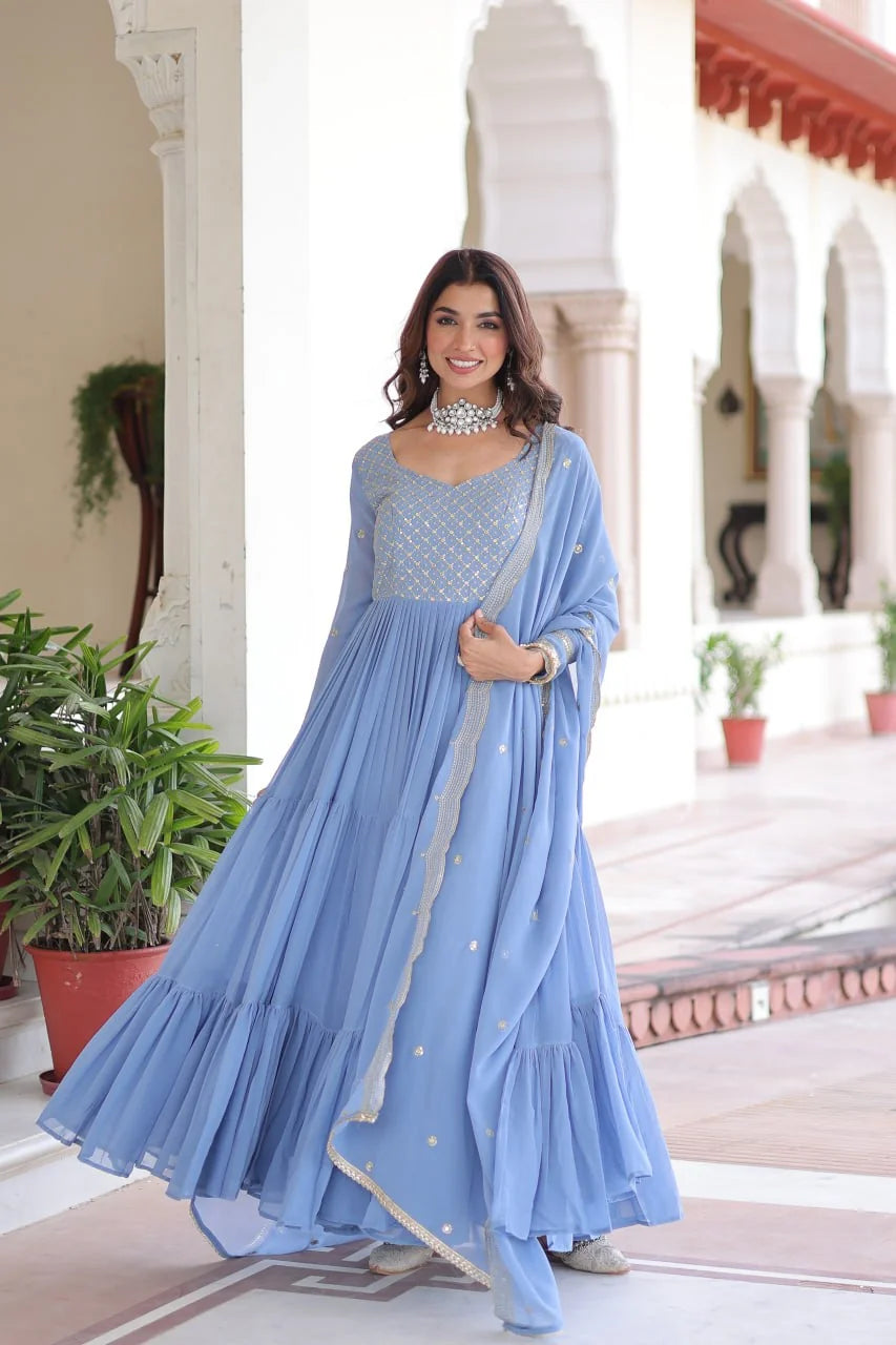 Sky faux georgette frill anarkali gown 3-tier stitch 12-metre flair