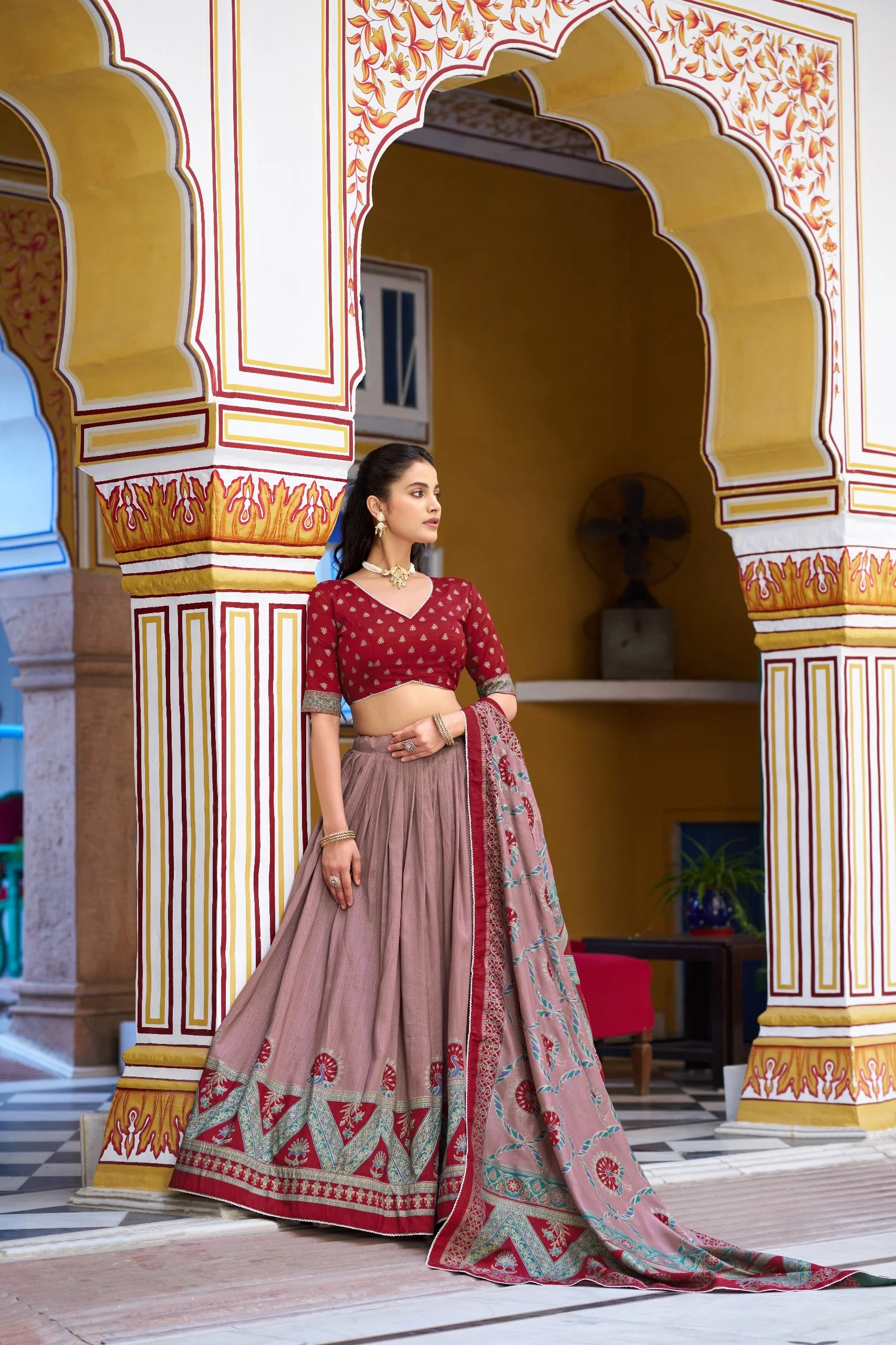 Dusty rose south style lehenga choli set full length view