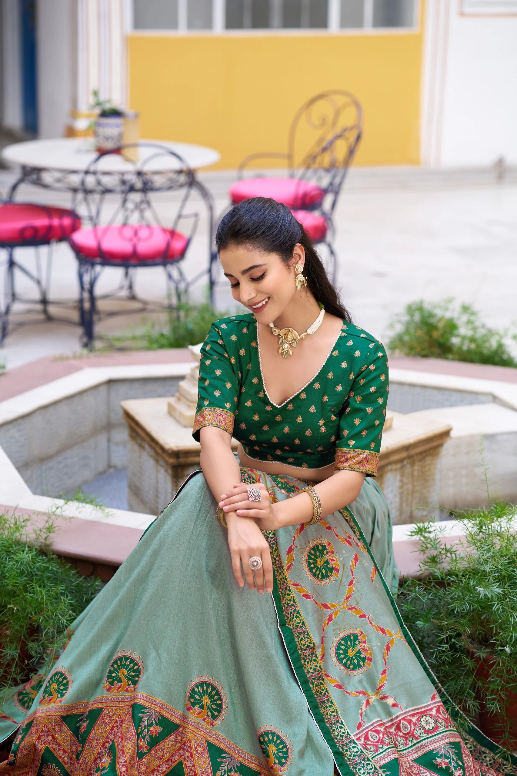 Grey lehenga choli set standing view in arch – full flared lehenga