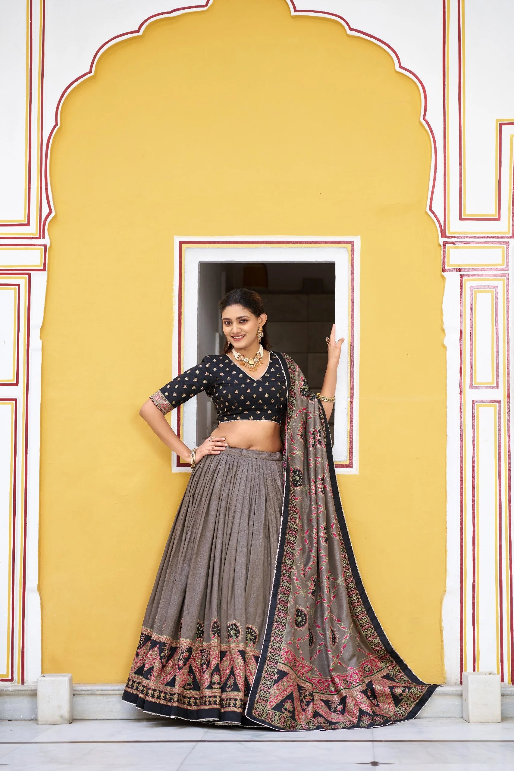 Faux georgette lehenga choli set in grey with black block print border – full front view