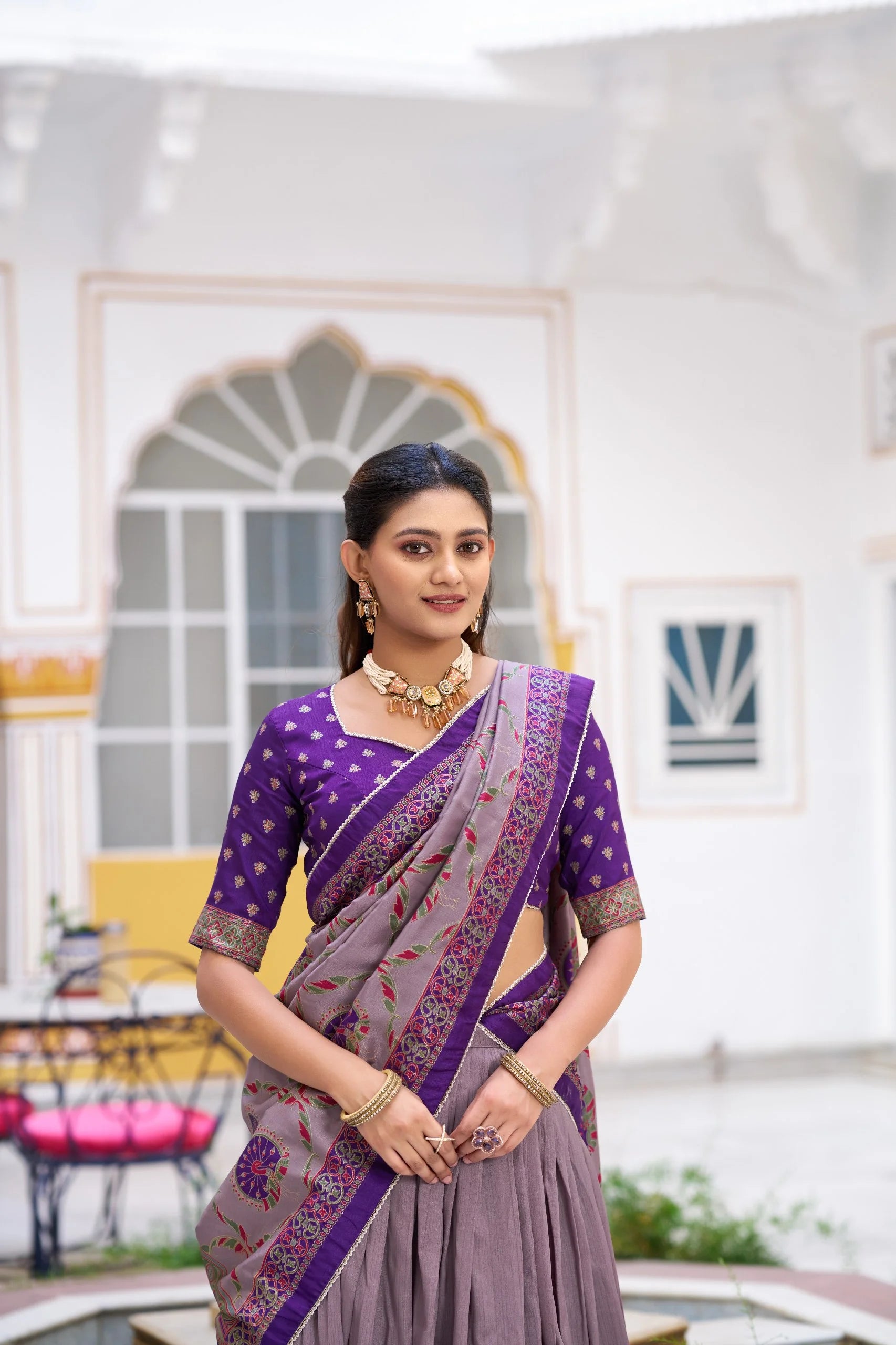 Purple georgette lehenga choli close up front view zari buta blouse