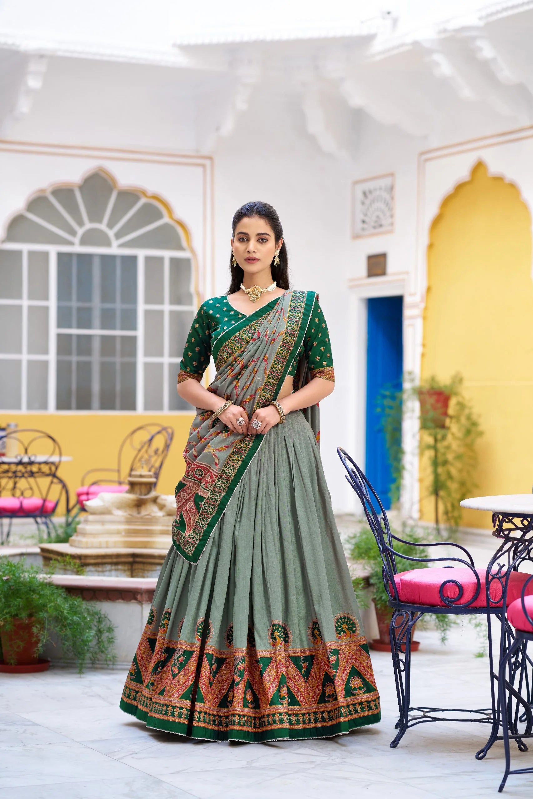 Faux georgette lehenga choli set in purple with block print border – twirl view