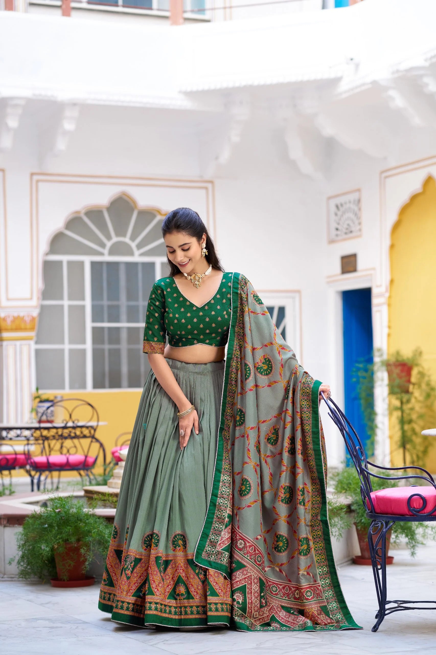 Lehenga choli set with dupatta sage green – dupatta spread view