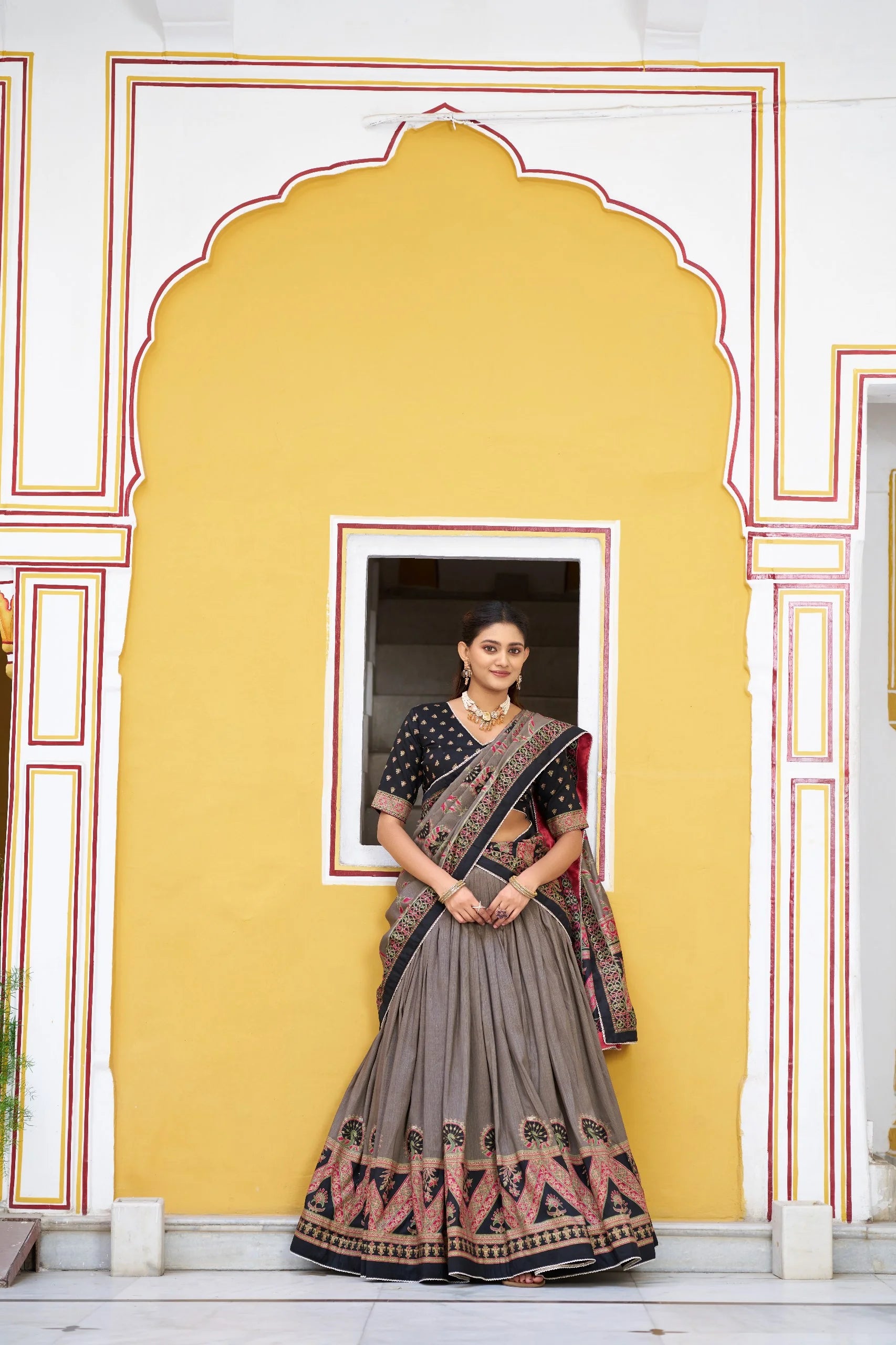 South style lehenga choli set sage green dark green block print border full length
