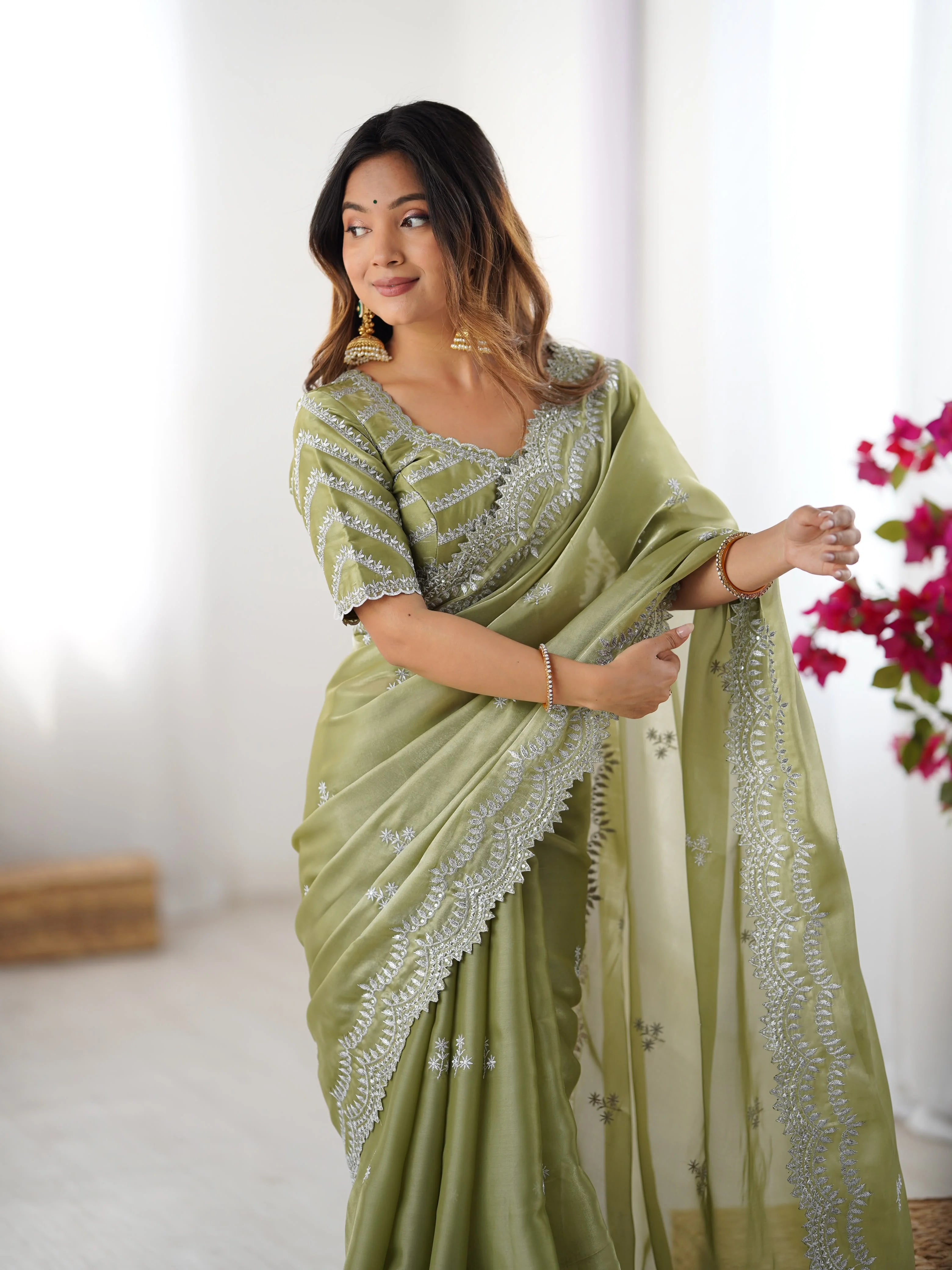 Faux georgette saree navy blue — full front view with scattered buta body embroidery