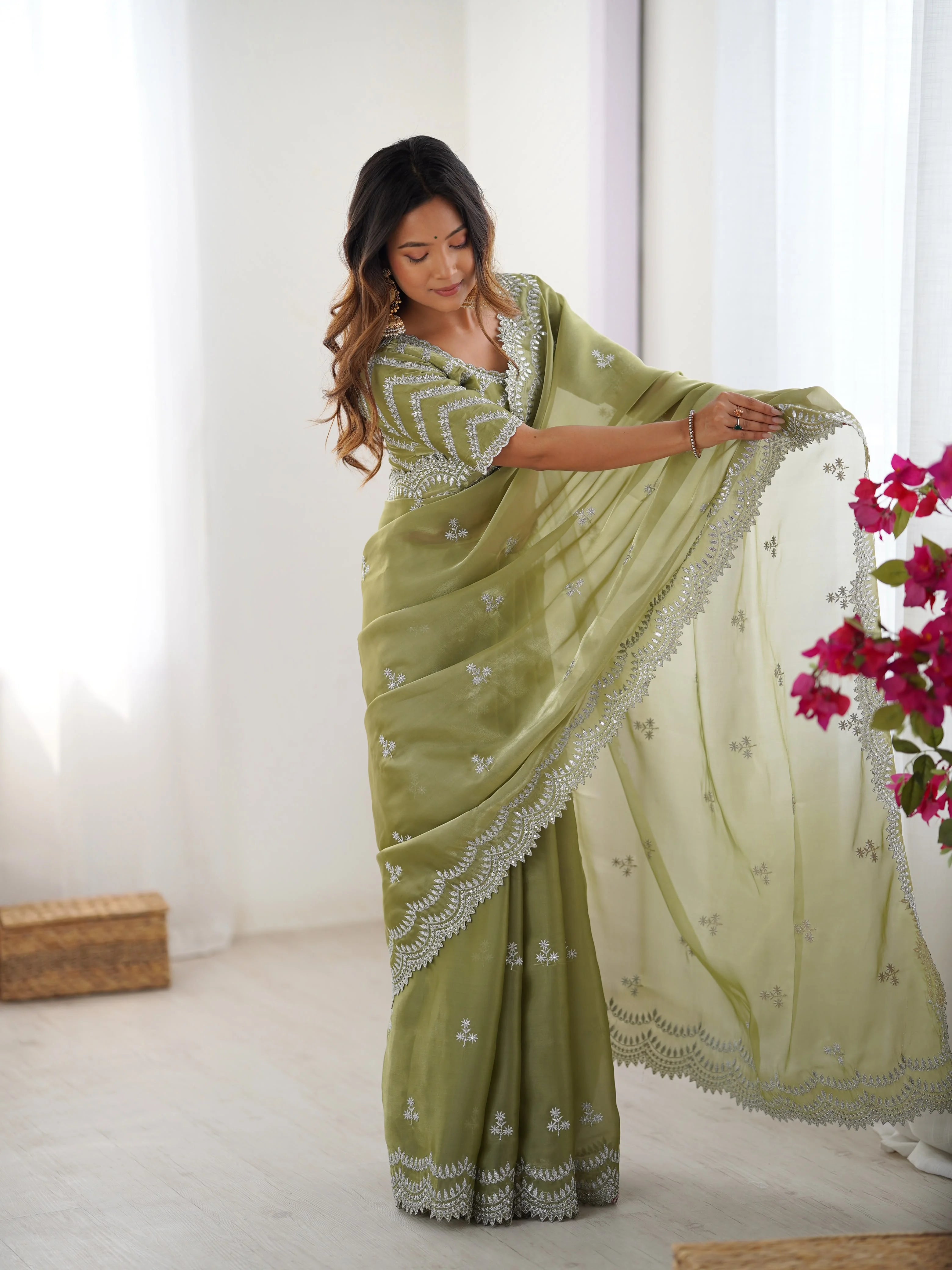 Faux georgette saree navy blue with thread embroidery — full body front pose