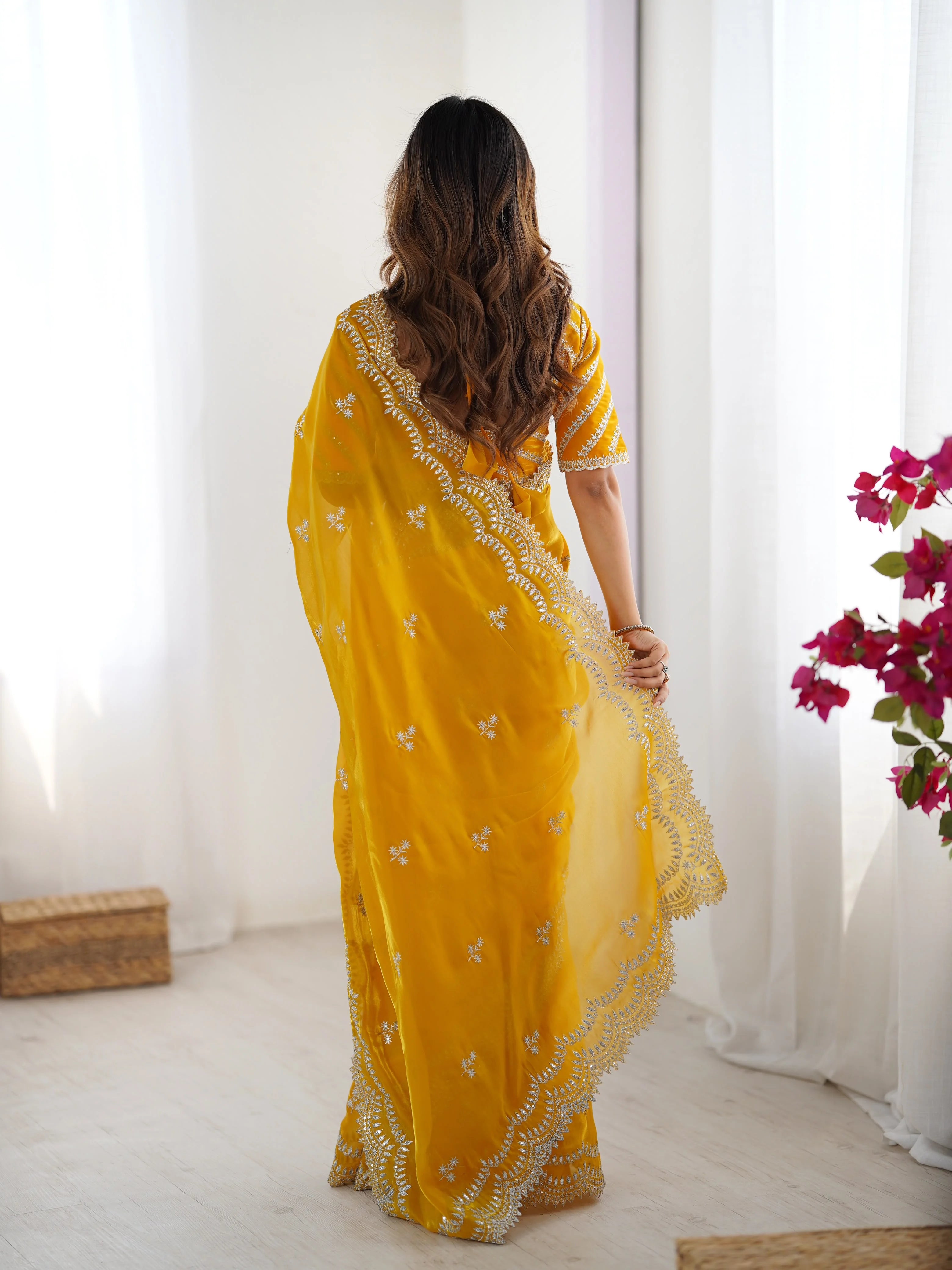 Heavy navy blue georgette saree thread embroidery — elegant side view