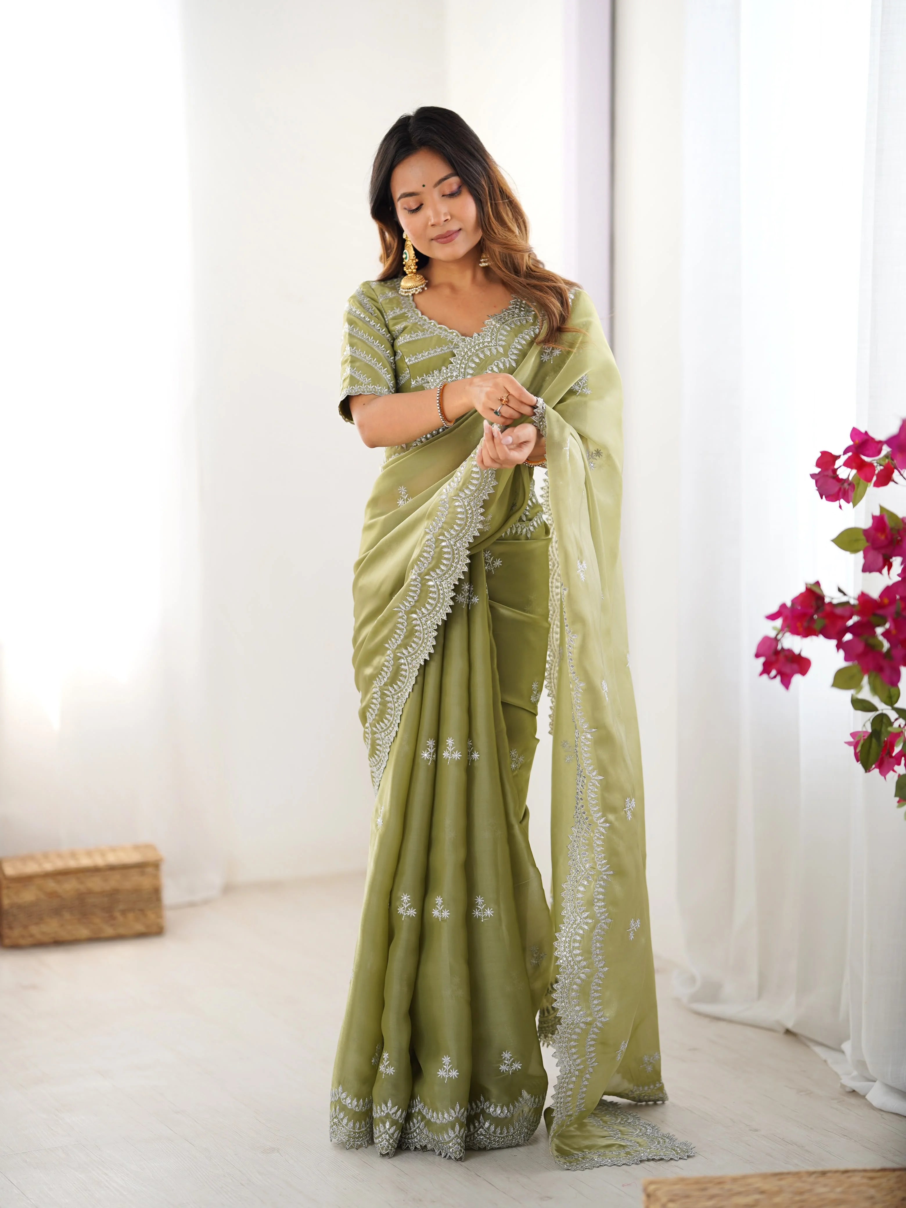 Pista green faux georgette saree with thread embroidery — full front view
