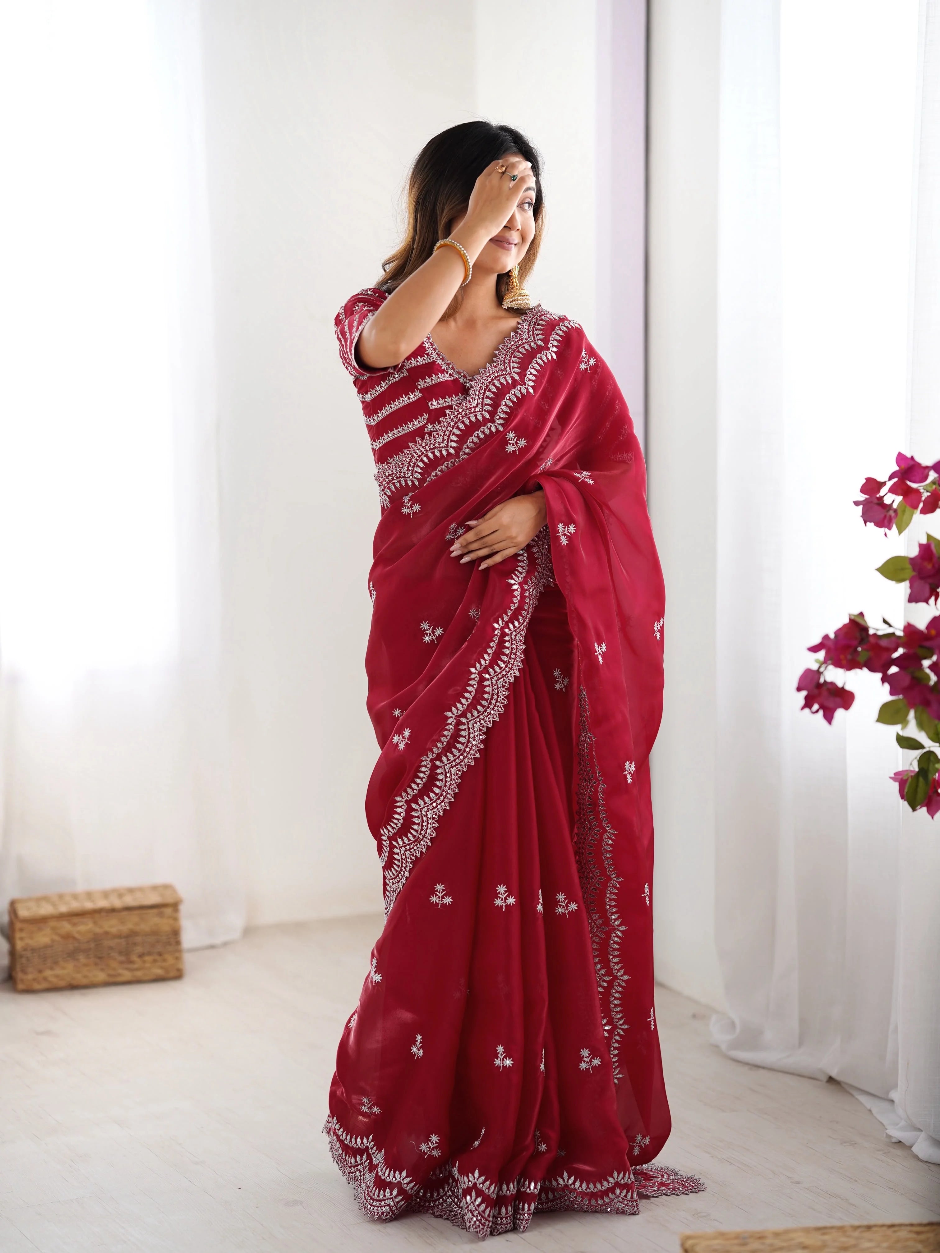 Heavy pista green saree with thread embroidery — standing full pose with matching blouse