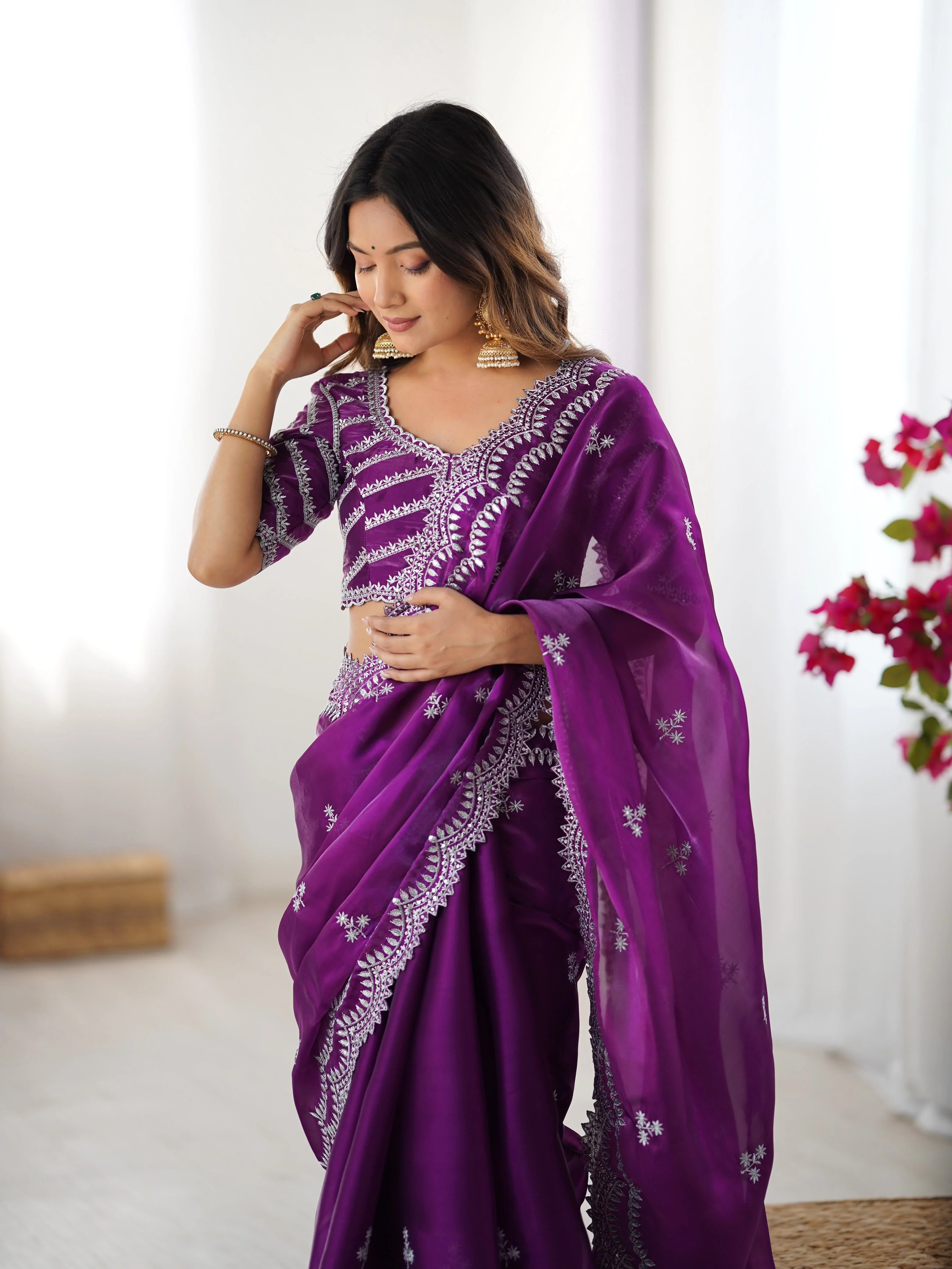 Purple georgette saree blouse with diagonal stripe silver thread embroidery — scalloped hem