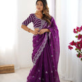 Purple faux georgette saree with thread embroidery — full front pose scalloped arch border