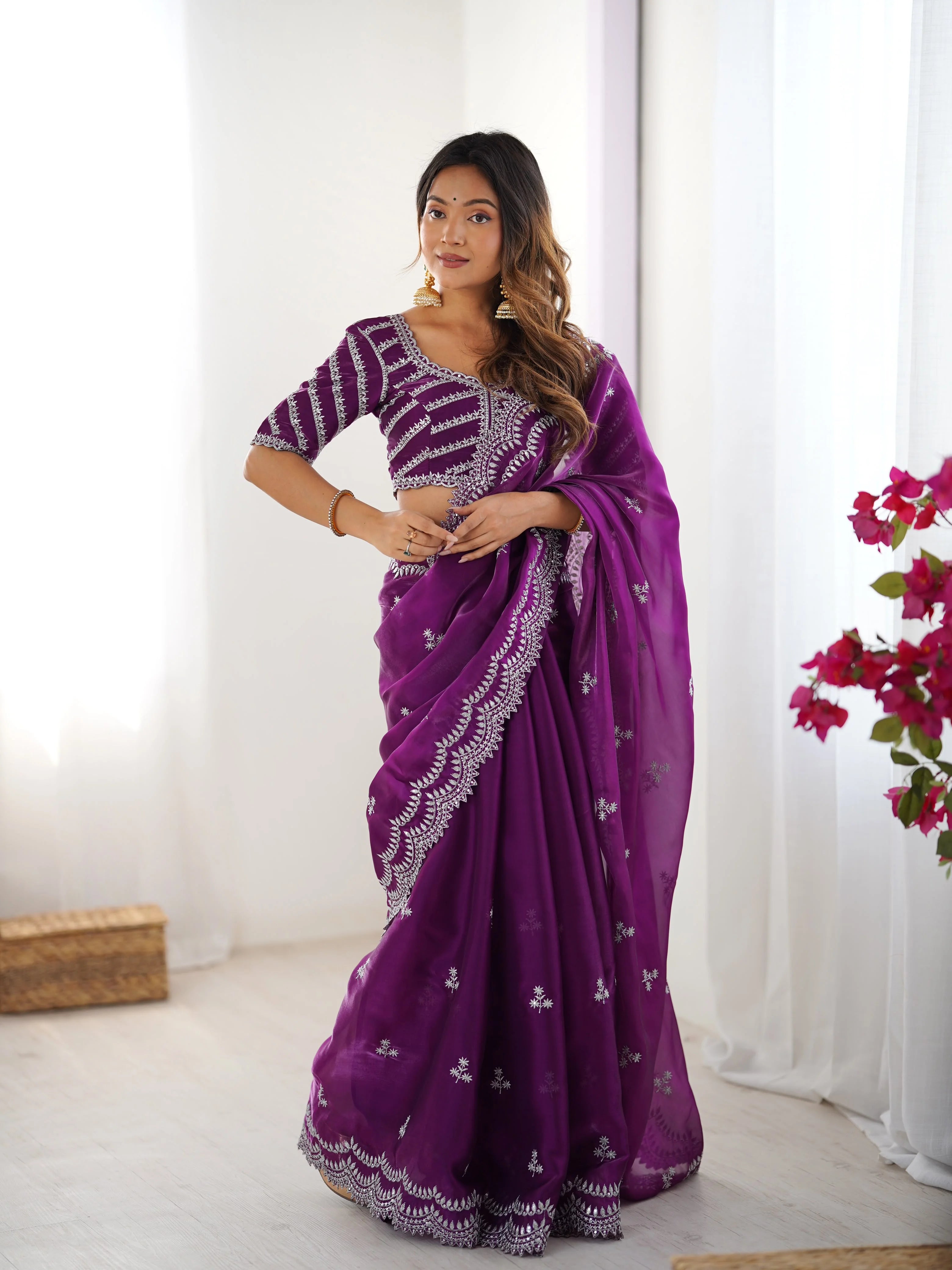 Purple faux georgette saree with thread embroidery — full front pose scalloped arch border