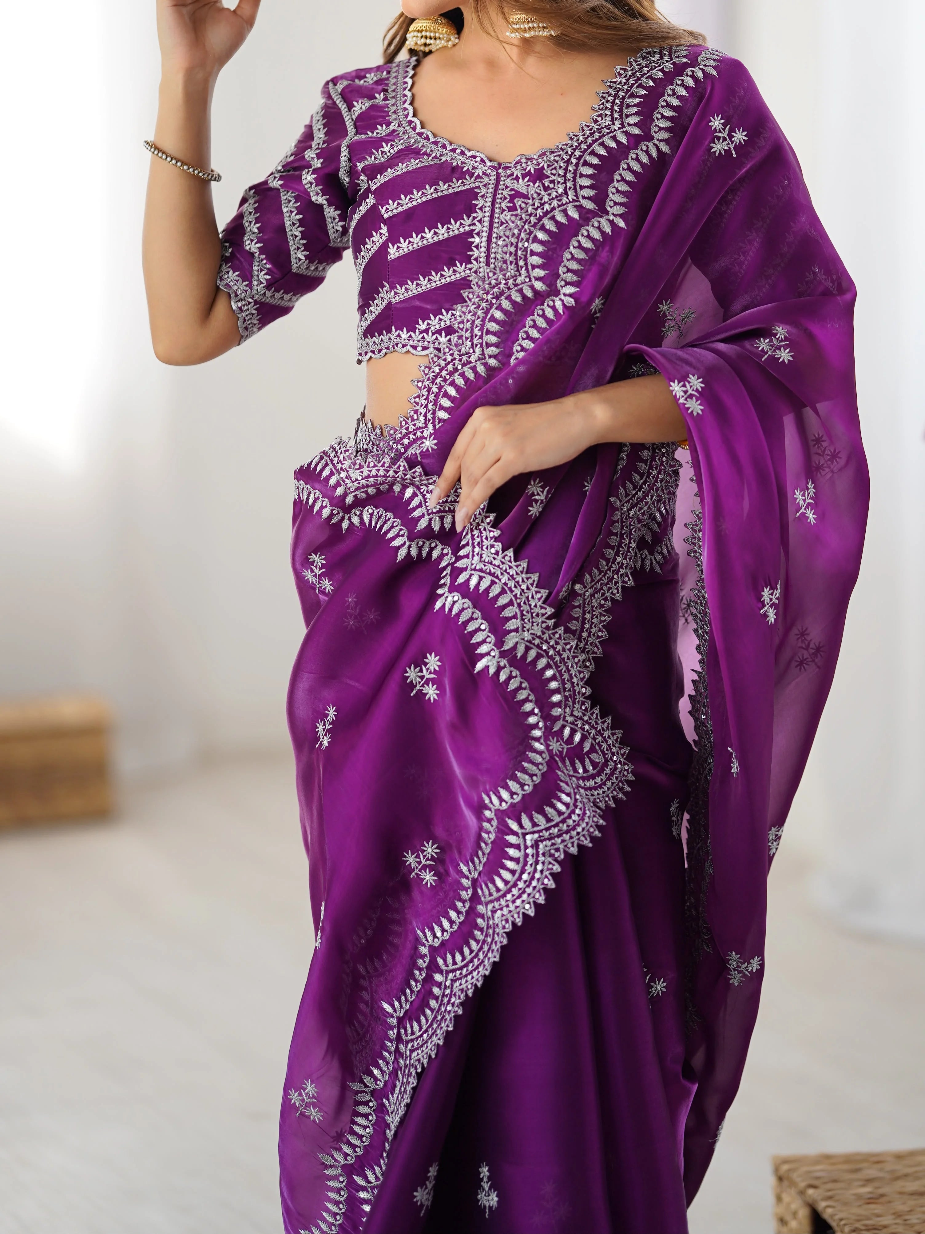 Heavy red faux georgette saree thread embroidery — full front body view