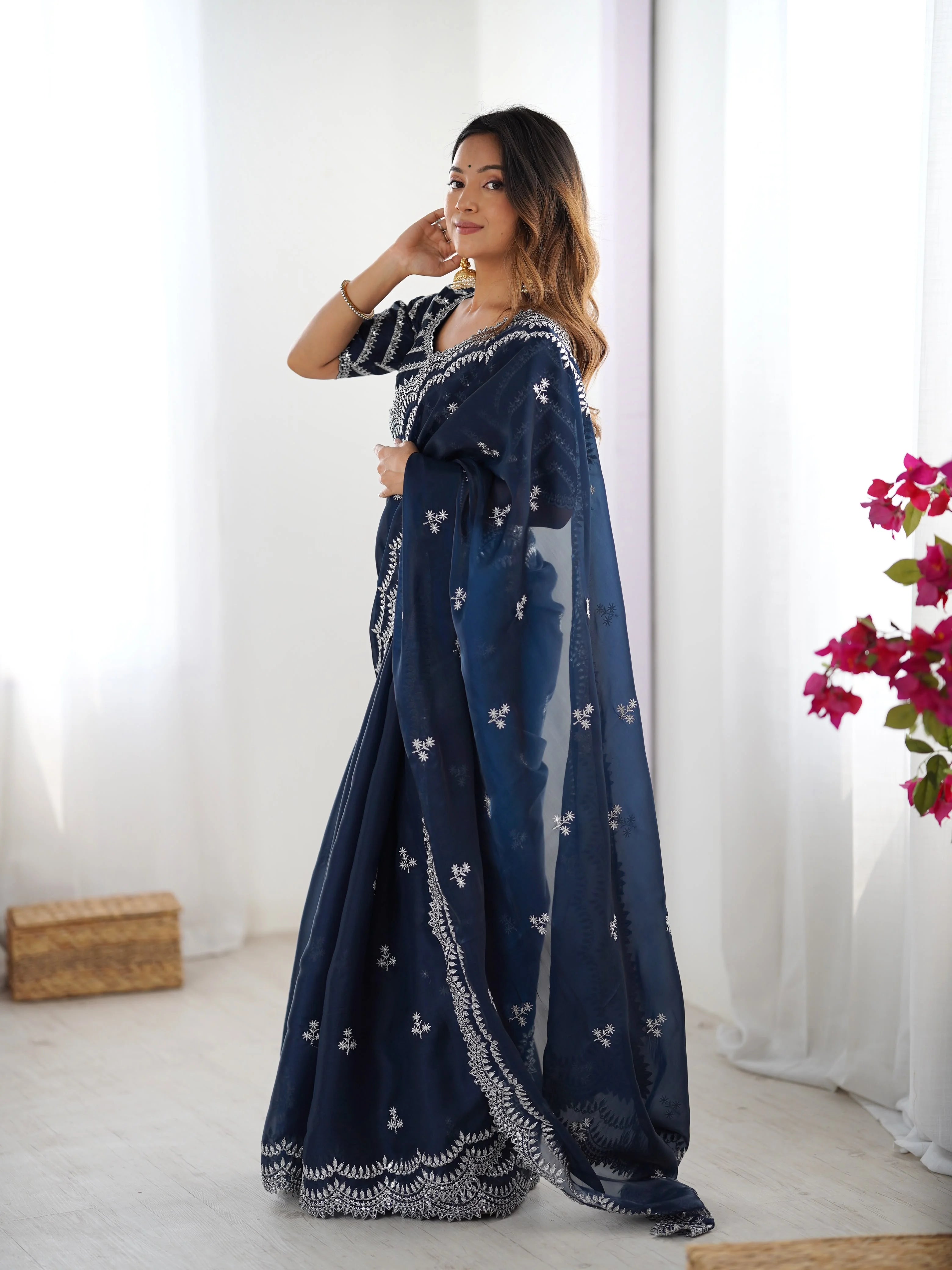 Red faux georgette saree thread embroidery — model full body standing front pose